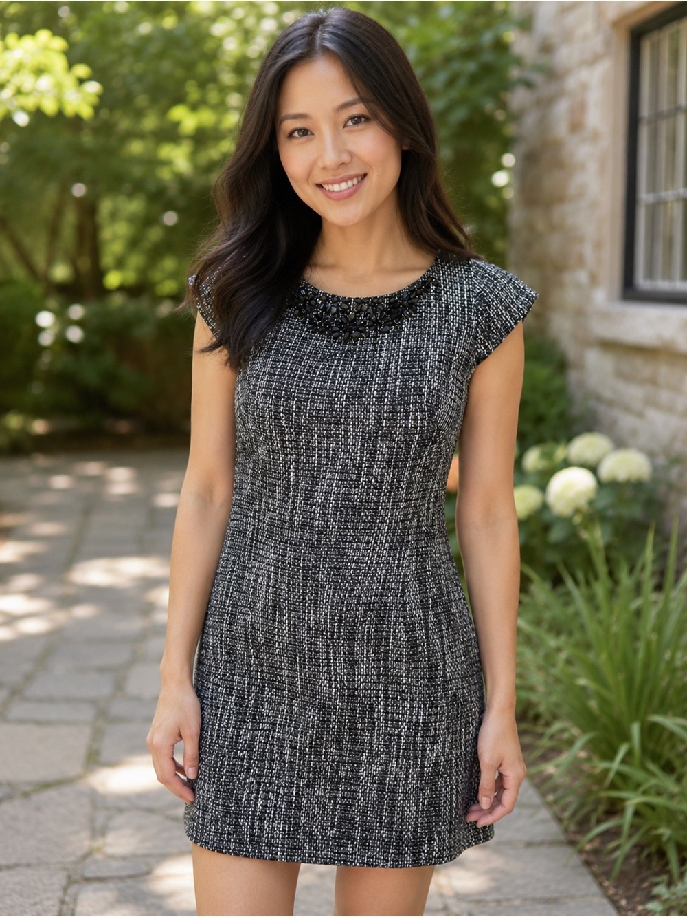 Banana Republic Tweed Sheath Dress | Size 0 | Embellished Neckline
